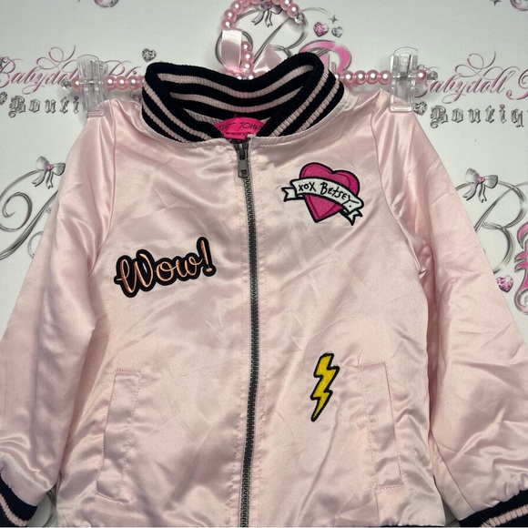 Betsey Johnson bomber jacket coat kids shiny satiny silky fabric pink embroider - Picture 3 of 12